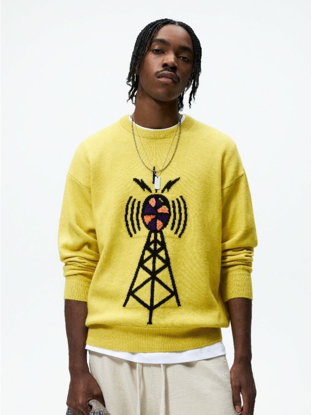 Zara Neon Yellow Radio Tower Graphic Knit Sweater XL NWT Men’s